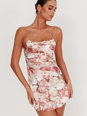 One and Only Well Versed Pleated Mini Dress Rose Pink Floral Satin Small